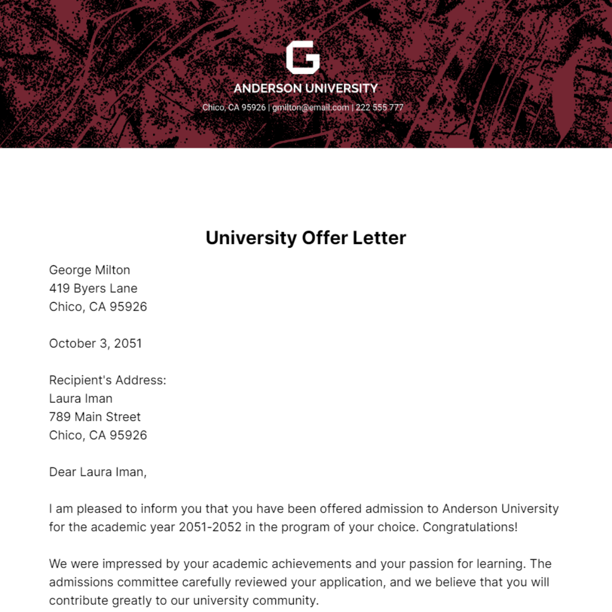 University Offer Letter   Template