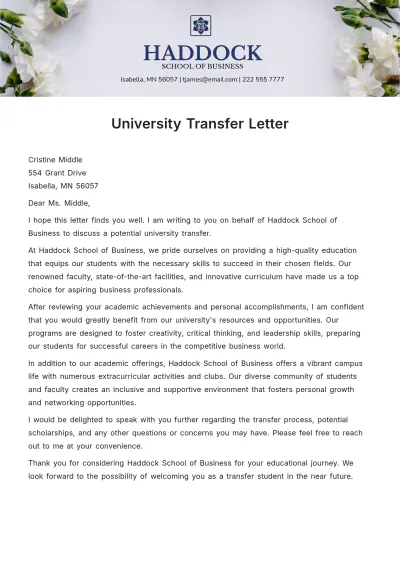 Free University Transfer Letter   Template to Edit Online