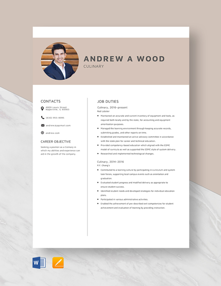 Free Culinary Resume Template - Word, Apple Pages