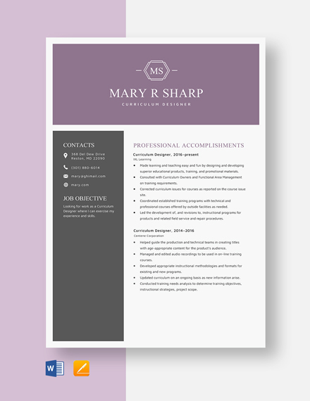 Curriculum Designer Resume Template - Word, Apple Pages