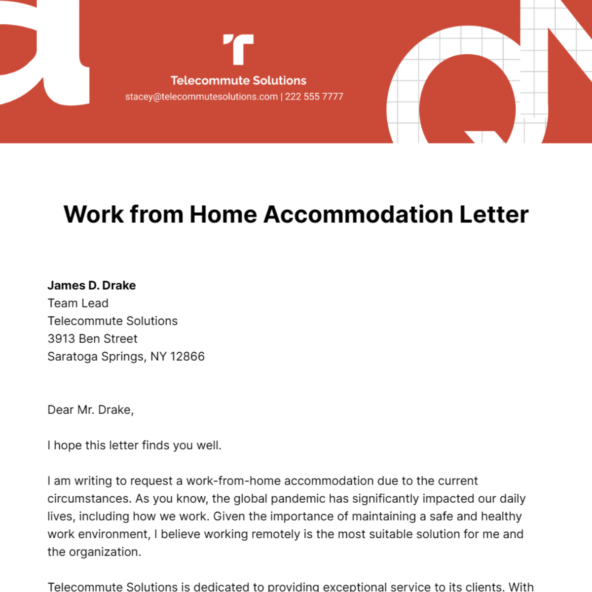 Work from Home Accommodation Letter Template