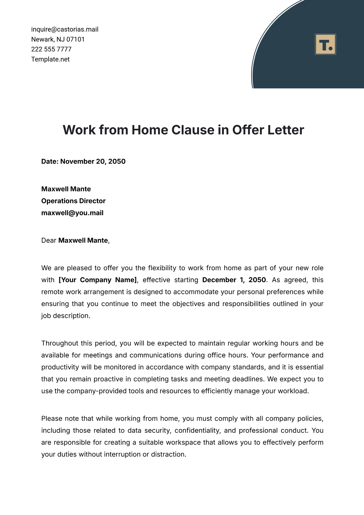 Work from Home Clause in Offer Letter Template - Edit Online & Download