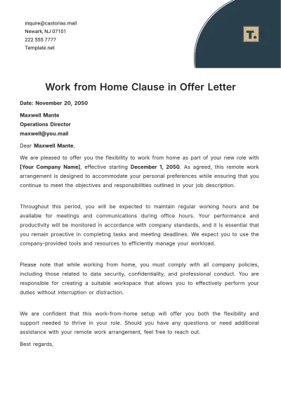 Free Work from Home Clause in Offer Letter Template to Edit Online