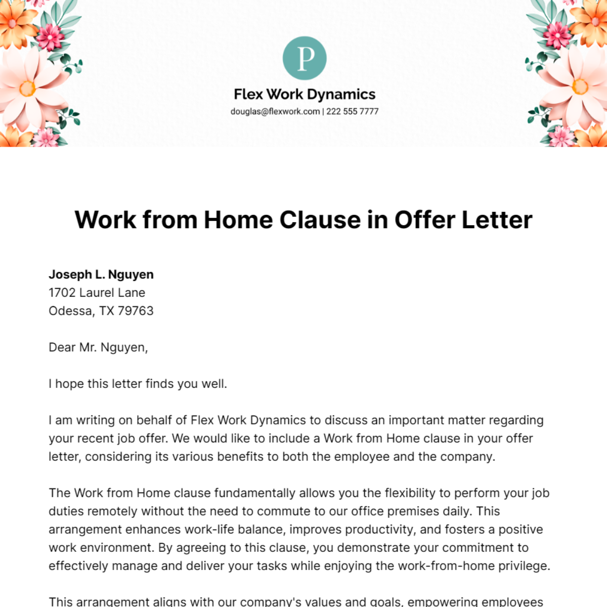 Work from Home Clause in Offer Letter  Template