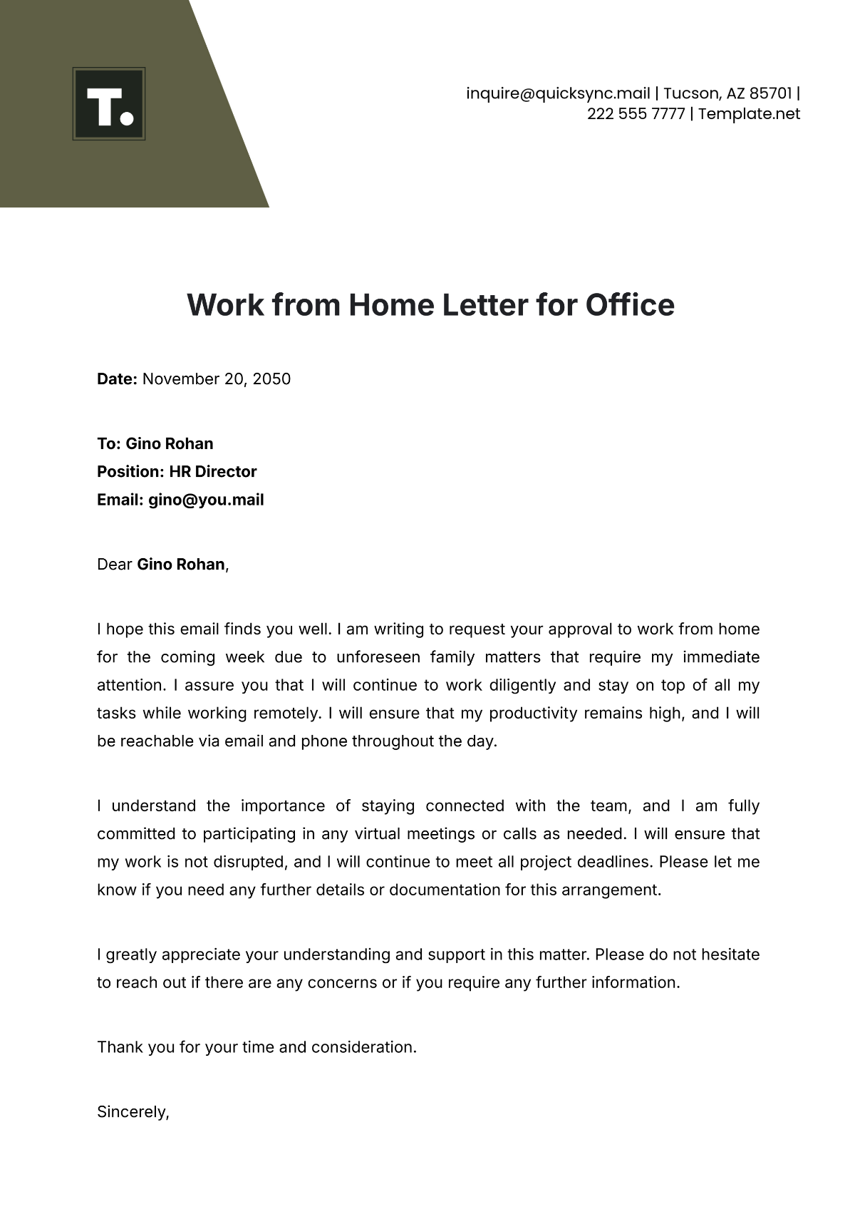 Work from Home Letter for Office Template - Edit Online & Download