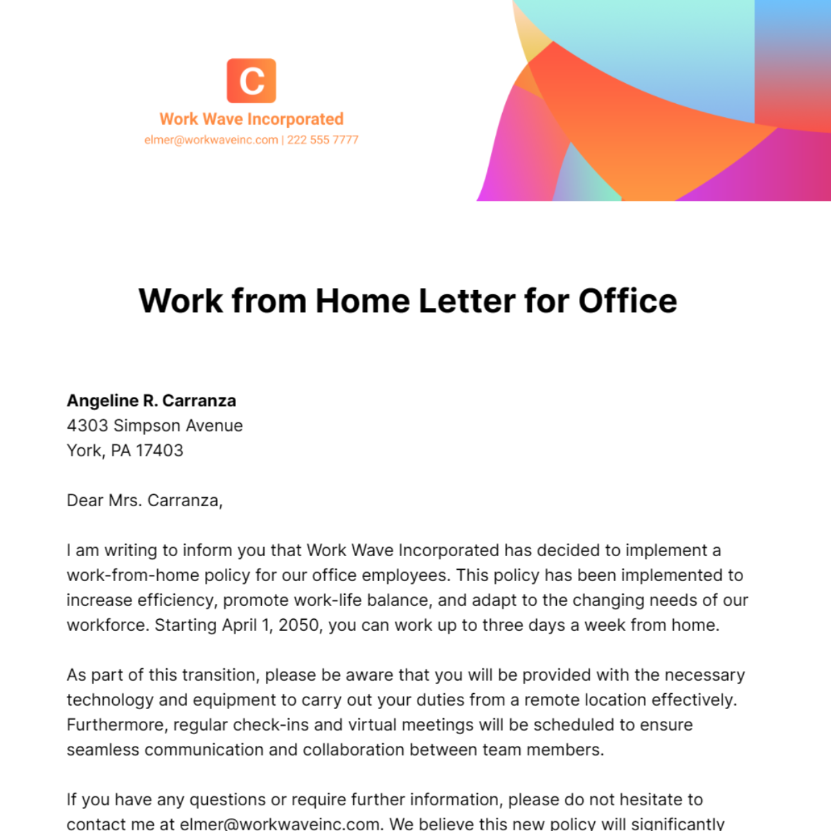 Work from Home Letter for Office Template