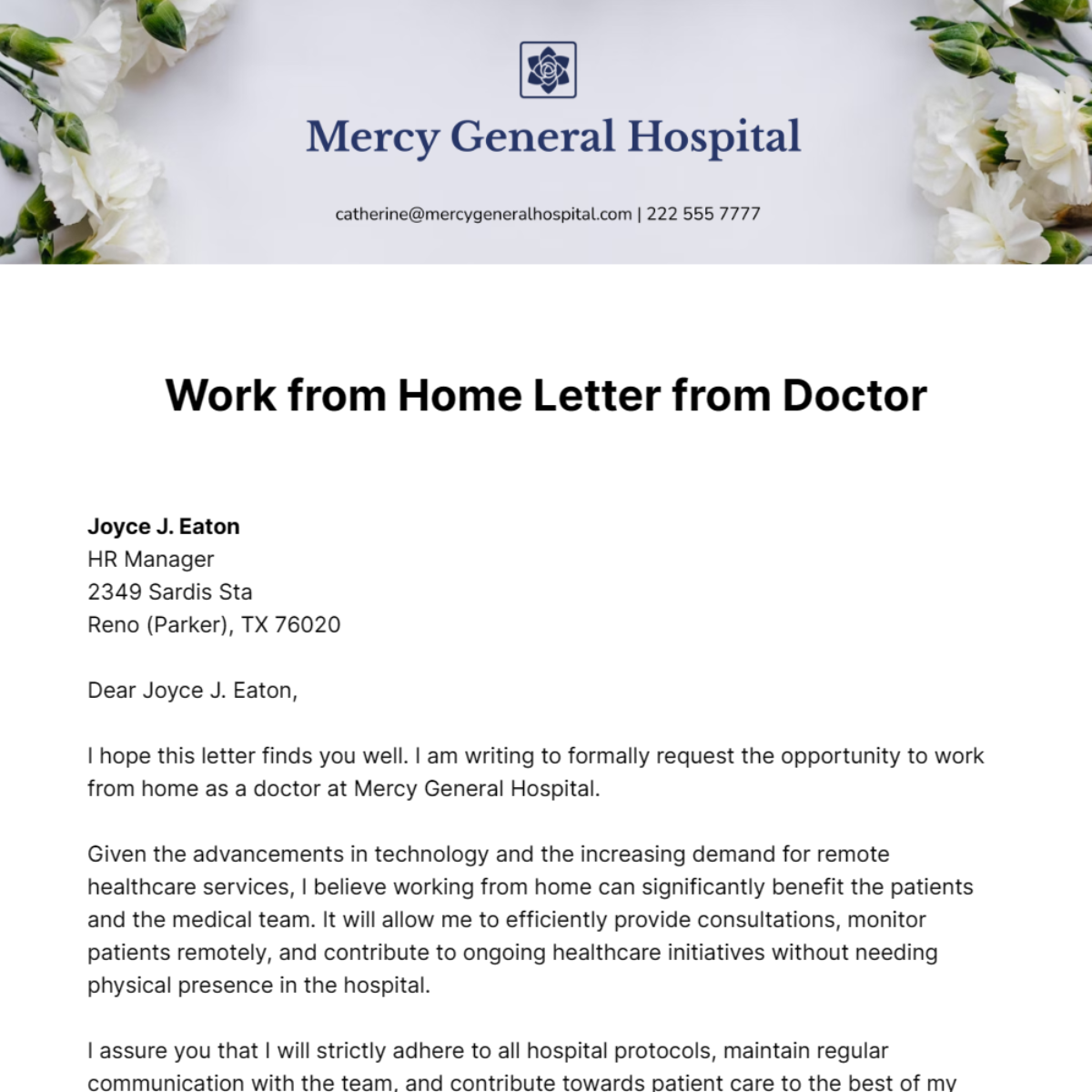 Work from Home Letter from Doctor  Template