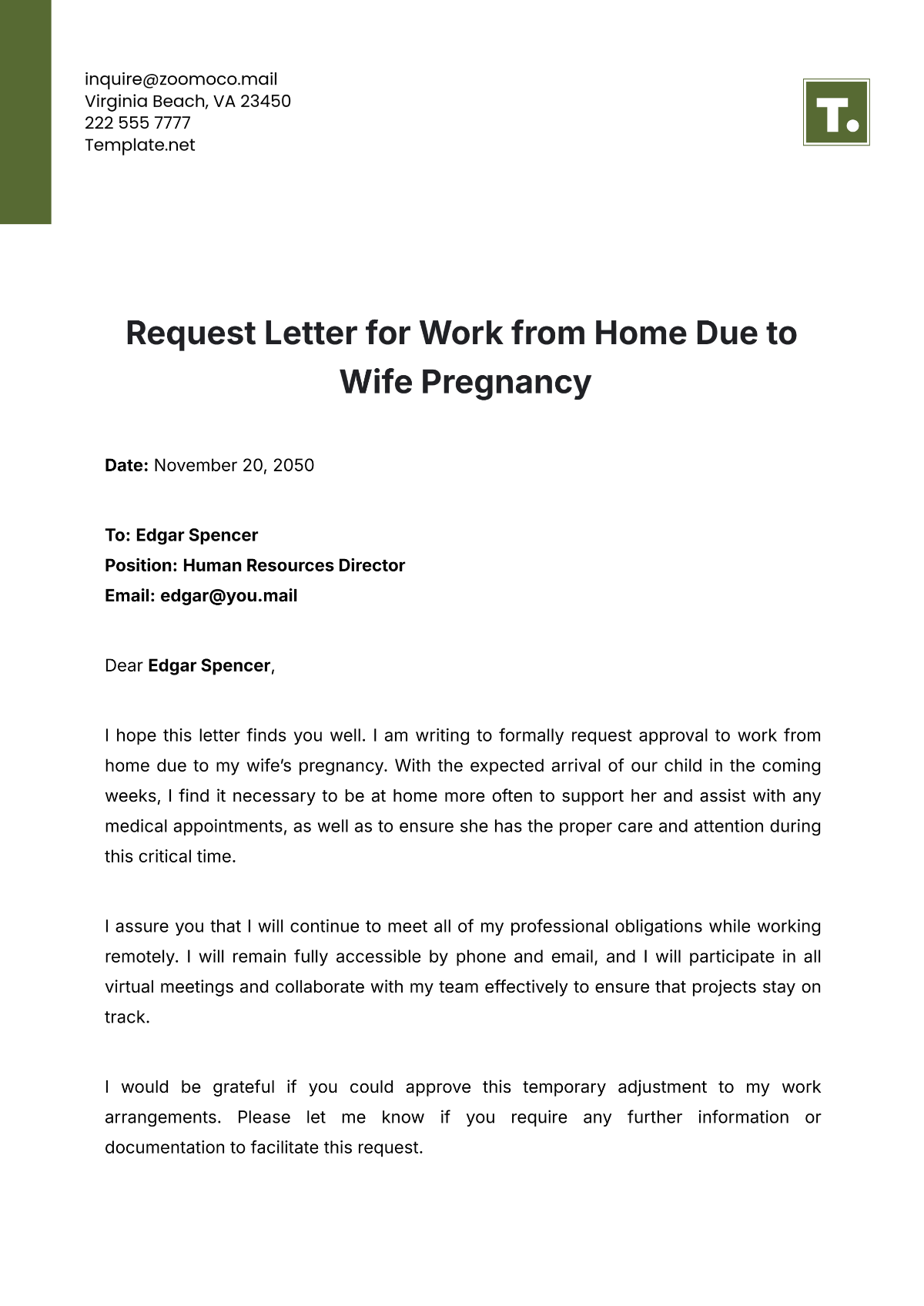 Request Letter for Work from Home Due to Wife Pregnancy Template - Edit Online & Download