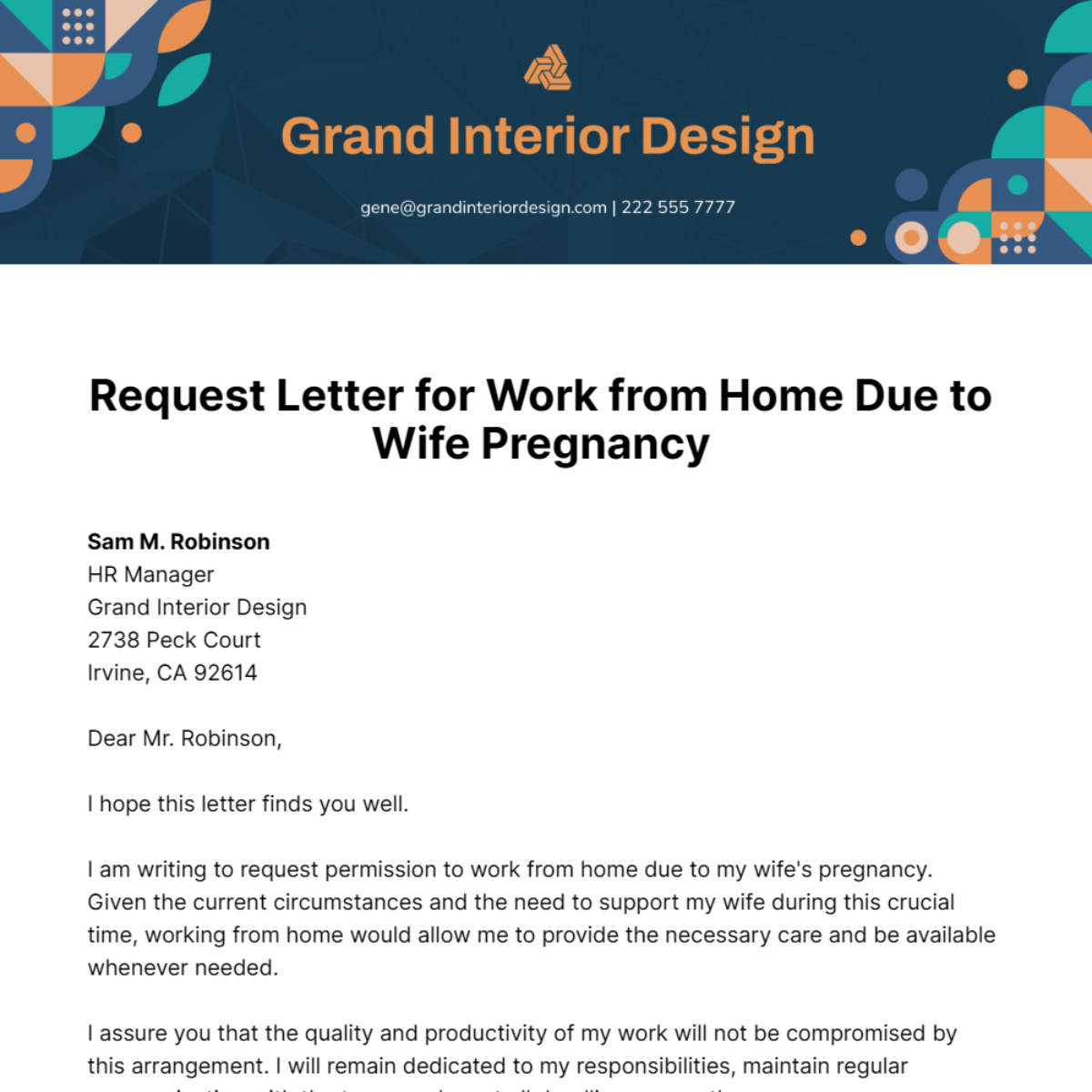 Request Letter for Work from Home Due to Wife Pregnancy  Template
