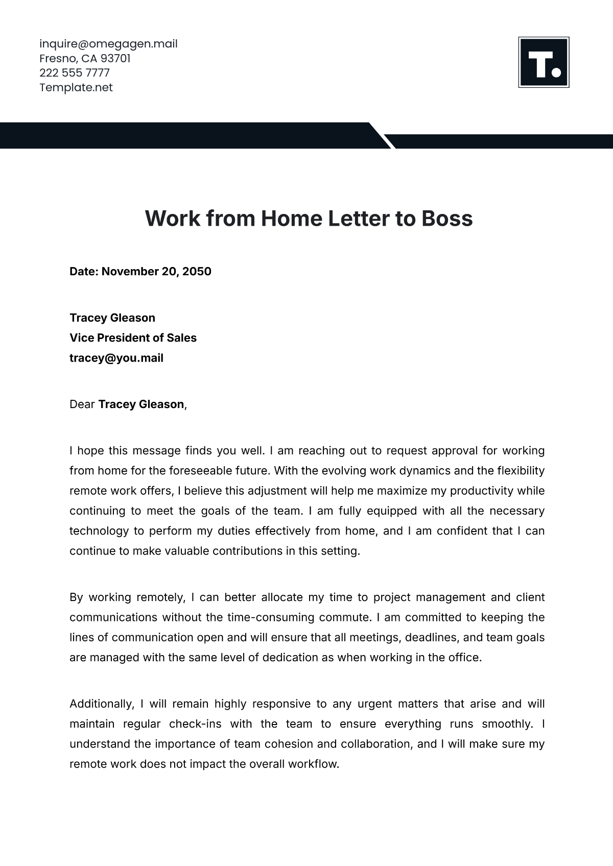 Work from Home Letter to Boss Template - Edit Online & Download