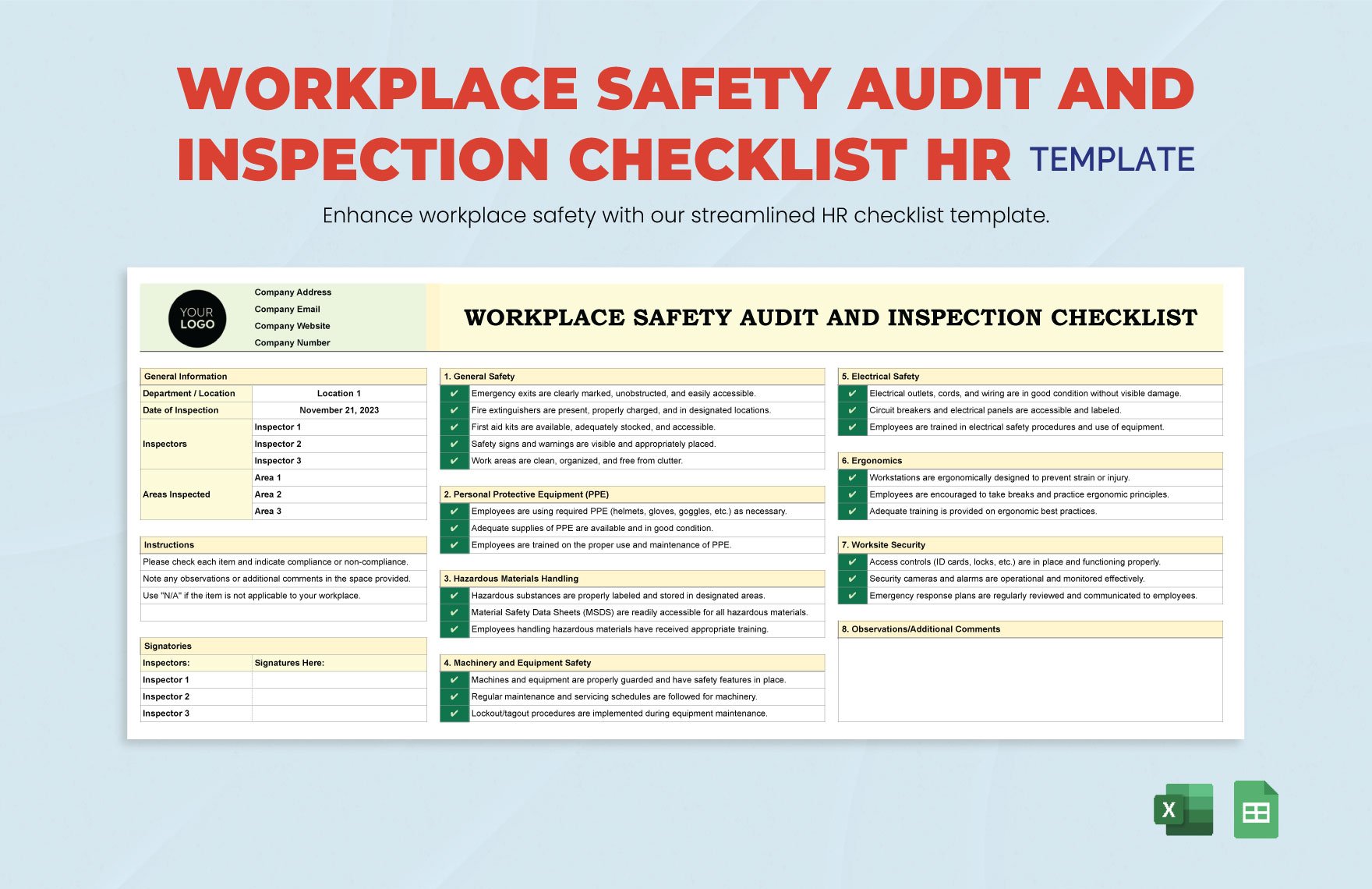 Workplace Safety Audit and Inspection Checklist HR Template in Excel, Google Sheets