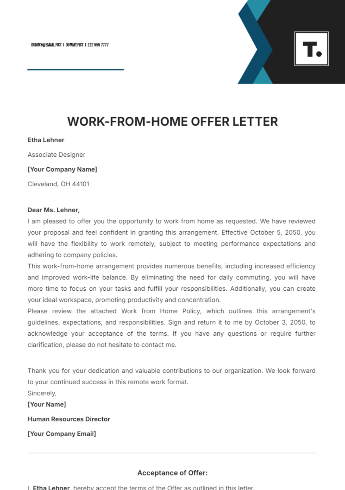 Work From Home Offer Letter Template - Edit Online & Download