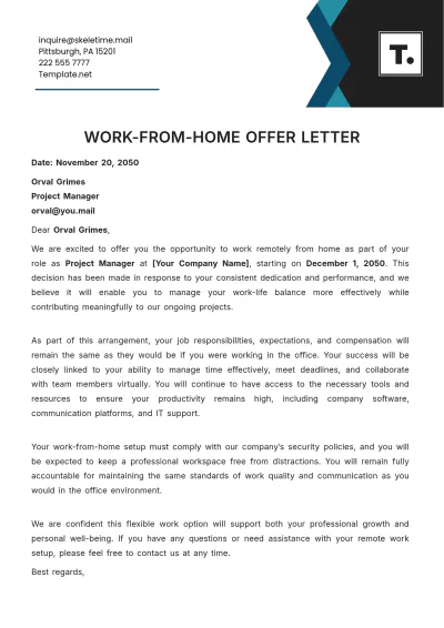 Free Work From Home Offer Letter Template to Edit Online