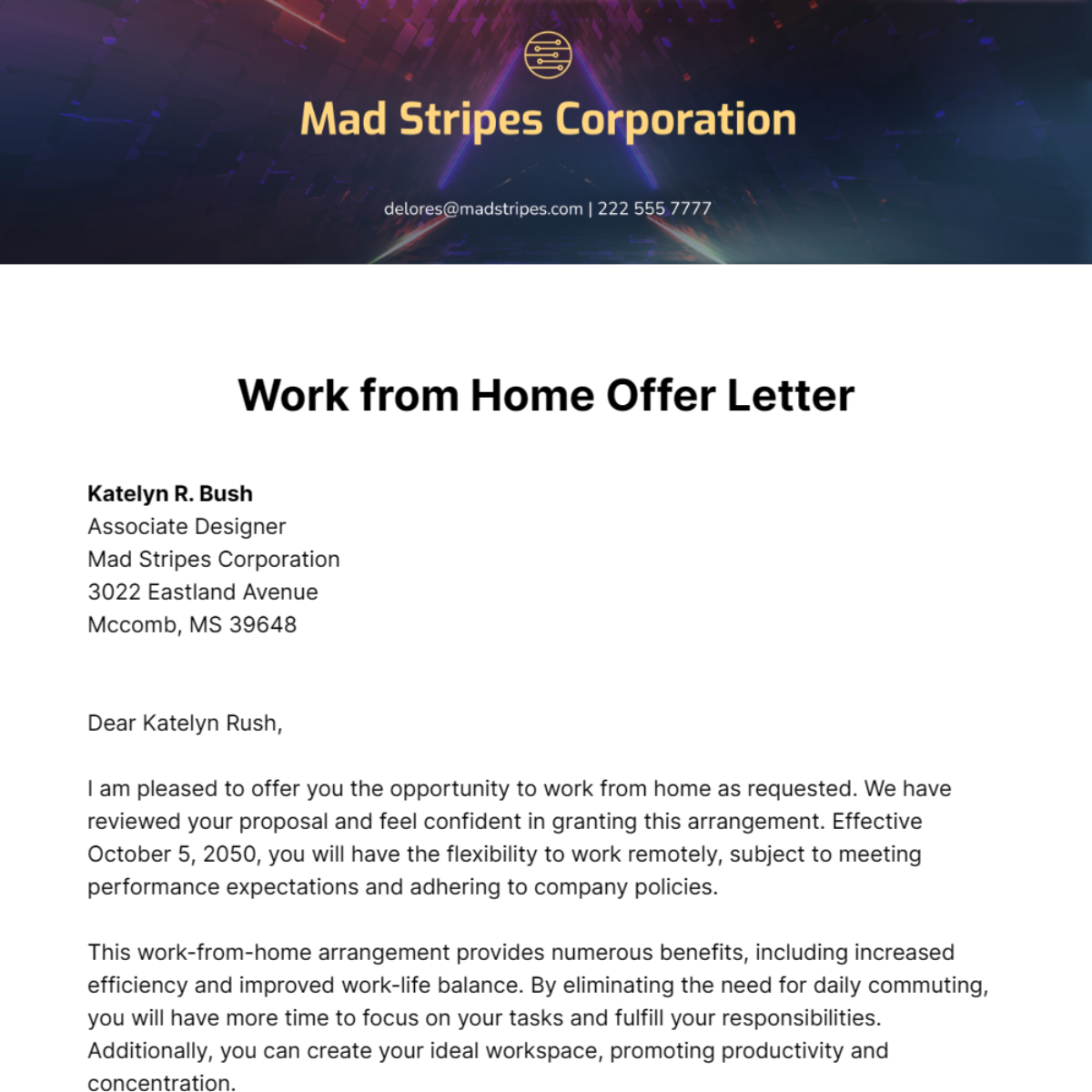 Work from Home Offer Letter Template