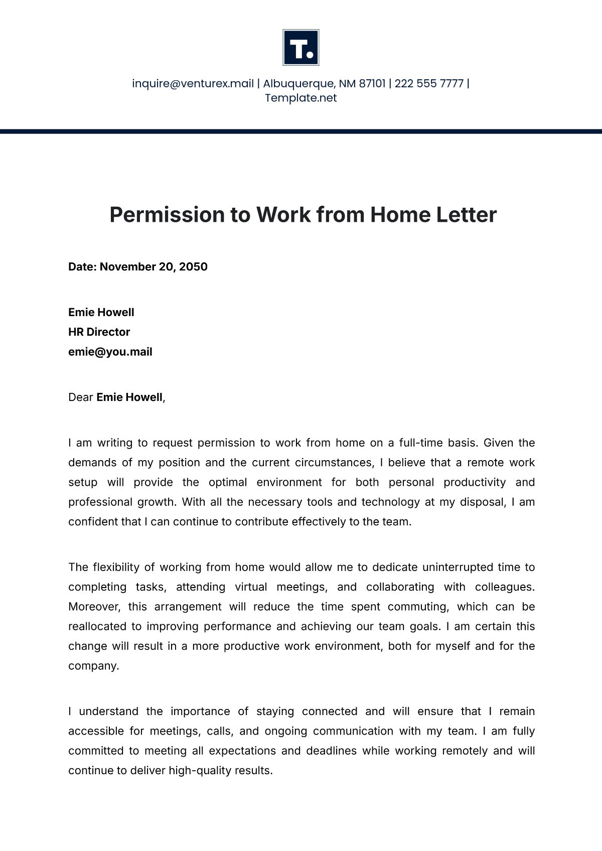 Permission to Work from Home Letter Template - Edit Online & Download