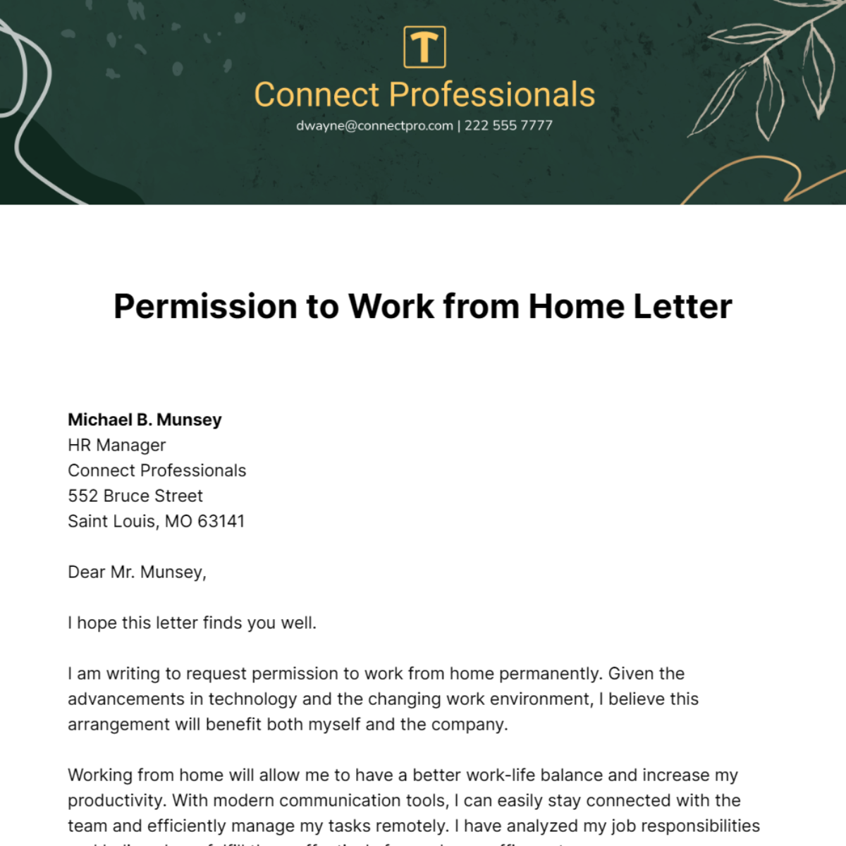 Permission to Work from Home Letter Template