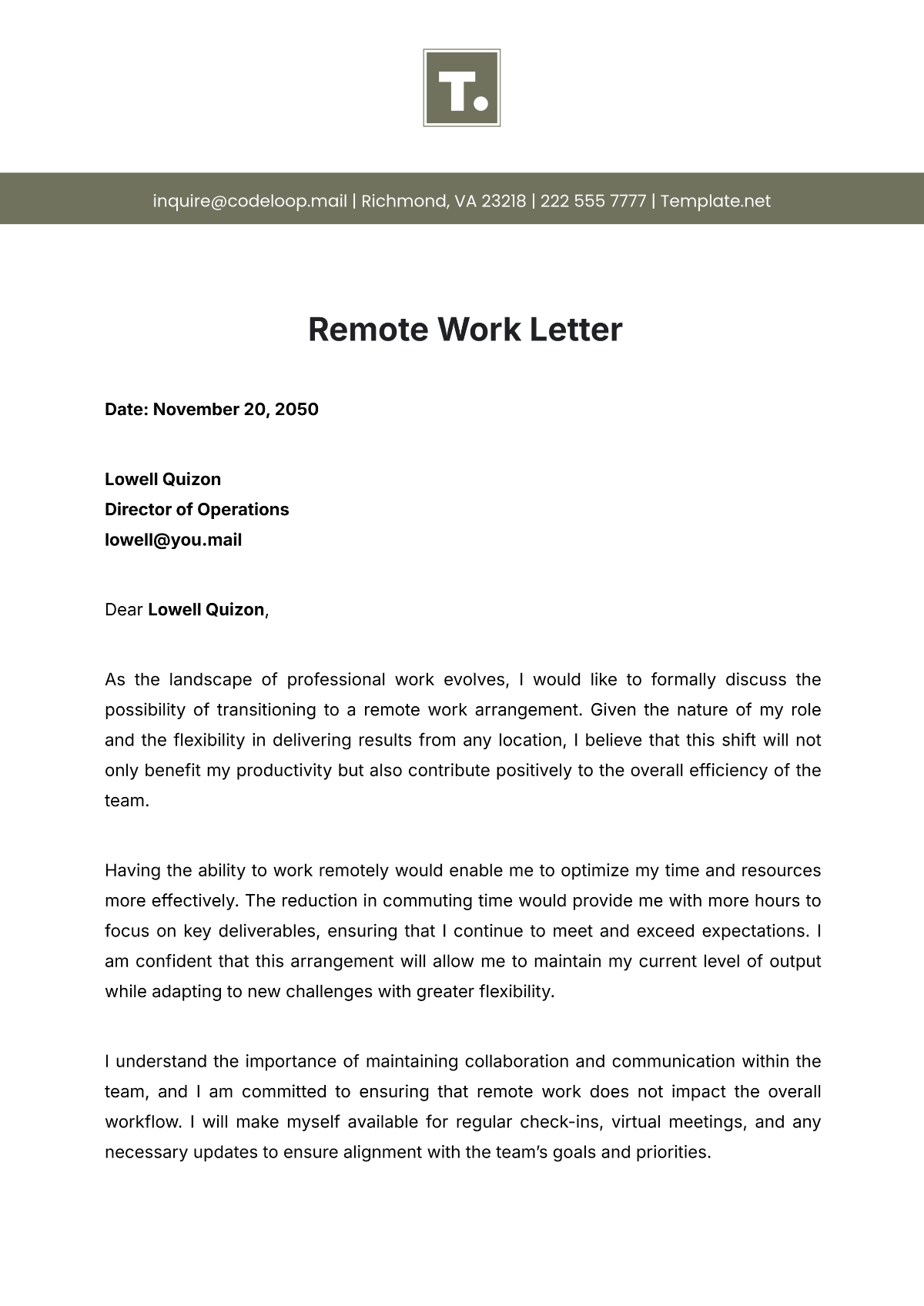 Remote Work Letter Template - Edit Online & Download