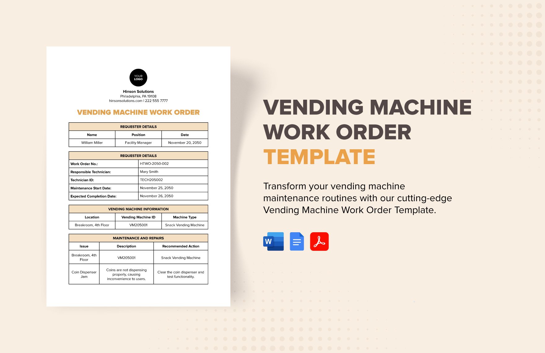 Vending Machine Work Order Template