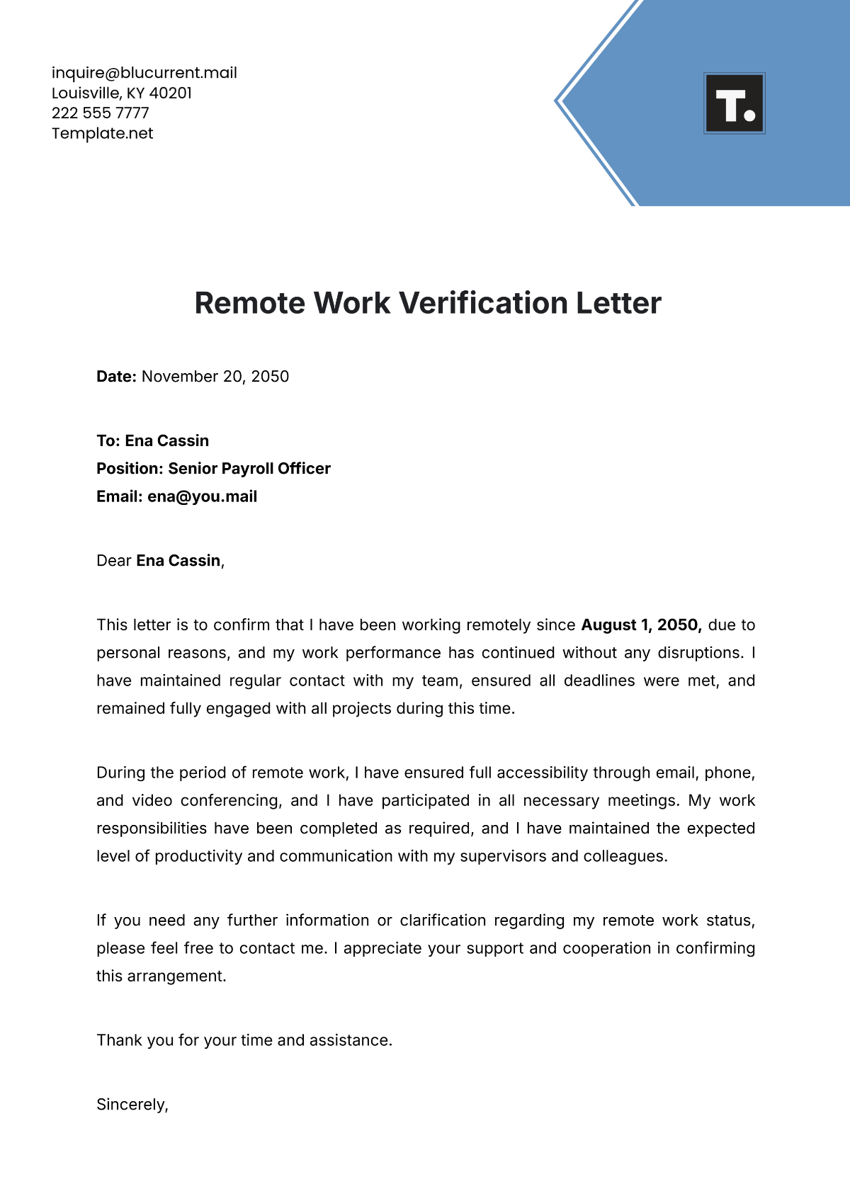 Remote Work Verification Letter Template - Edit Online & Download