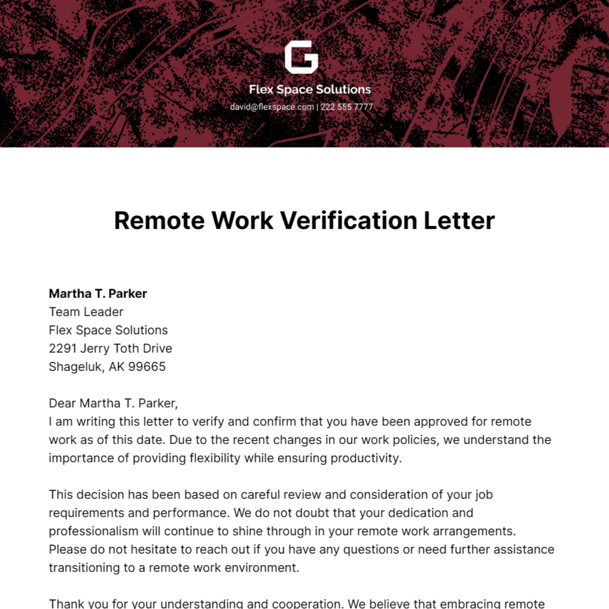 Remote Work Verification Letter Template