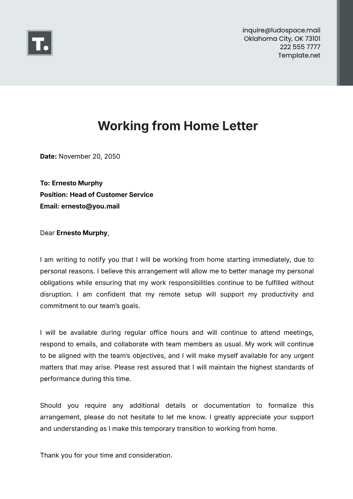 Working from Home Letter Template - Edit Online & Download