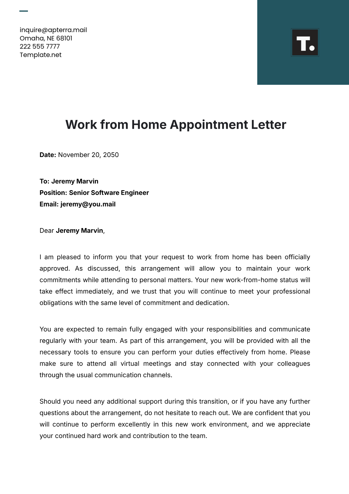 Work from Home Appointment Letter Template - Edit Online & Download