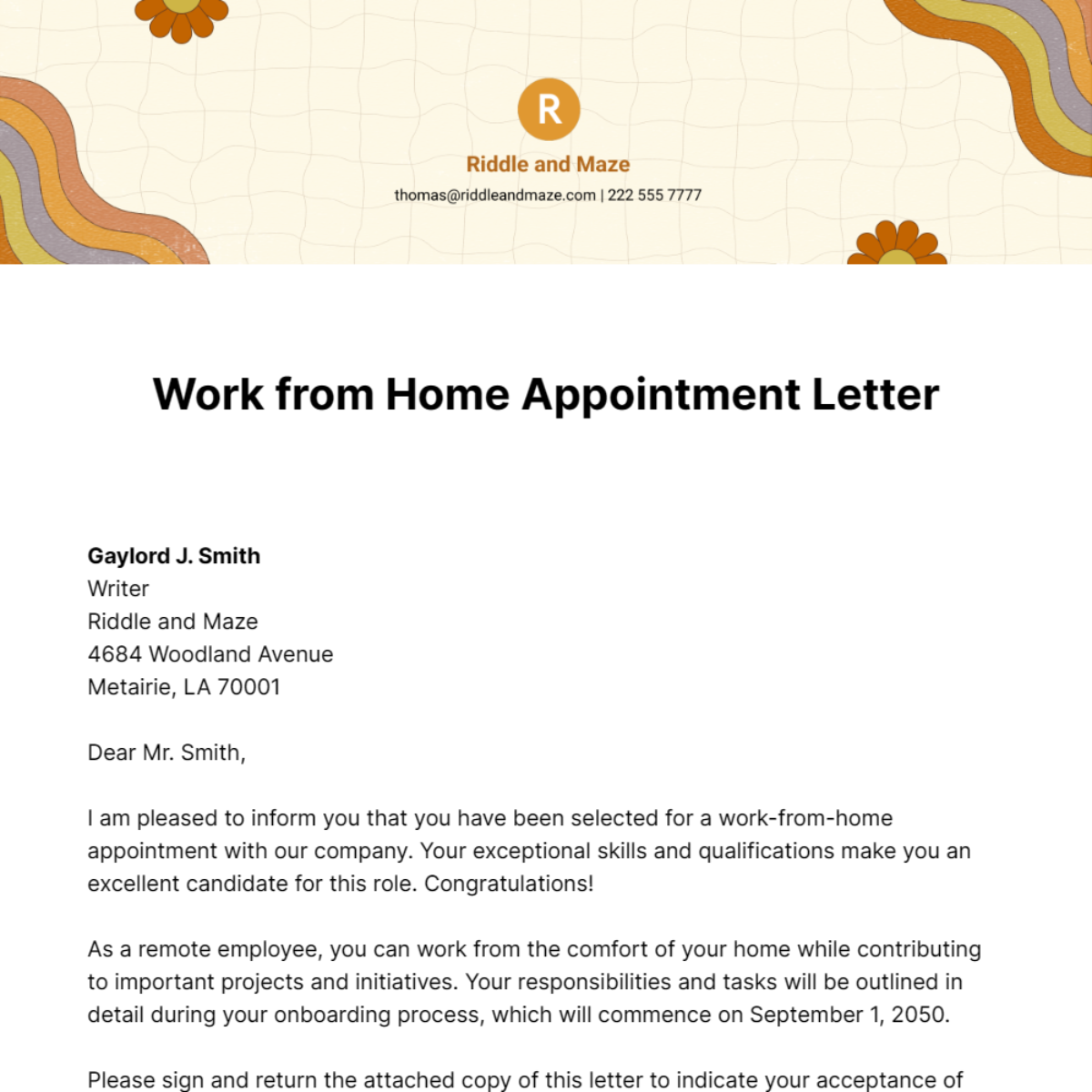Work from Home Appointment Letter Template