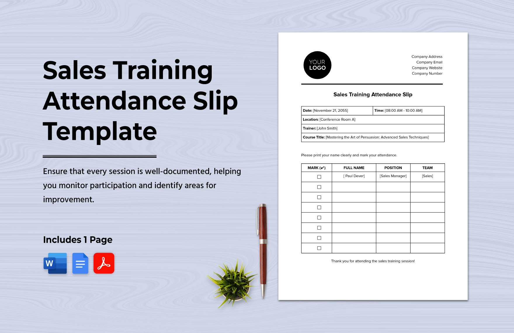 Sales Training Attendance Slip Template in Word, Google Docs, PDF