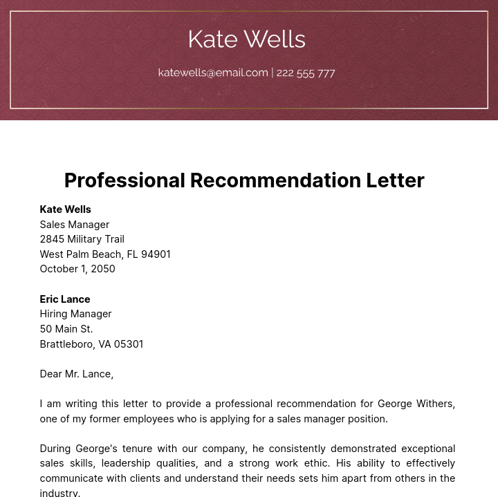 Professional Recommendation Letter   Template