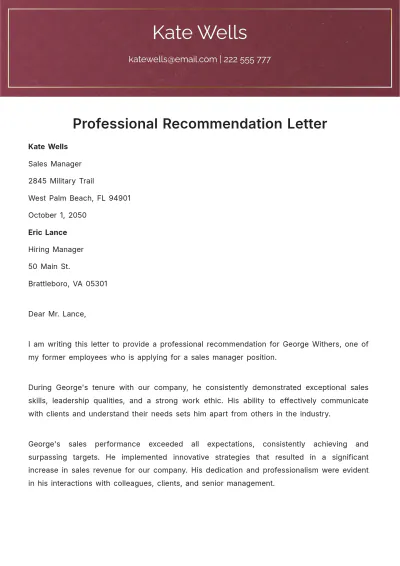 Free Professional Outline Recommendation Letter Template to Edit Online