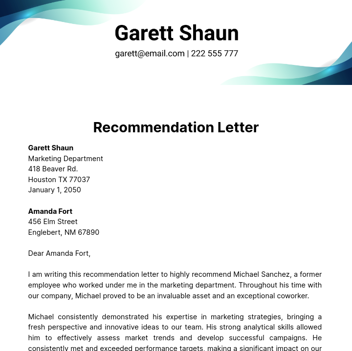 Simple Recommendation Letter   Template