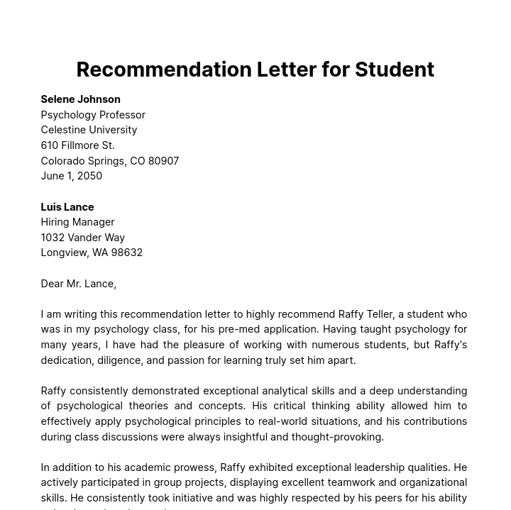 Free Recommendation Letter for Student   Template