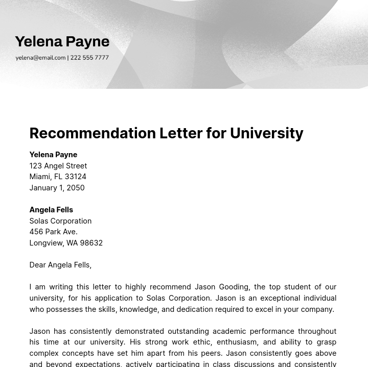 Free Recommendation Letter for University   Template