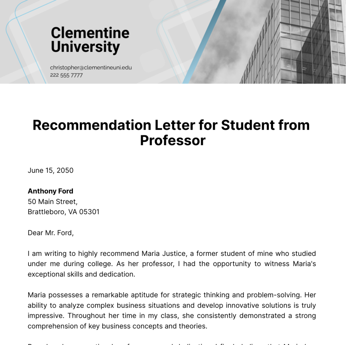 Free Recommendation Letter for Student from Professor   Template