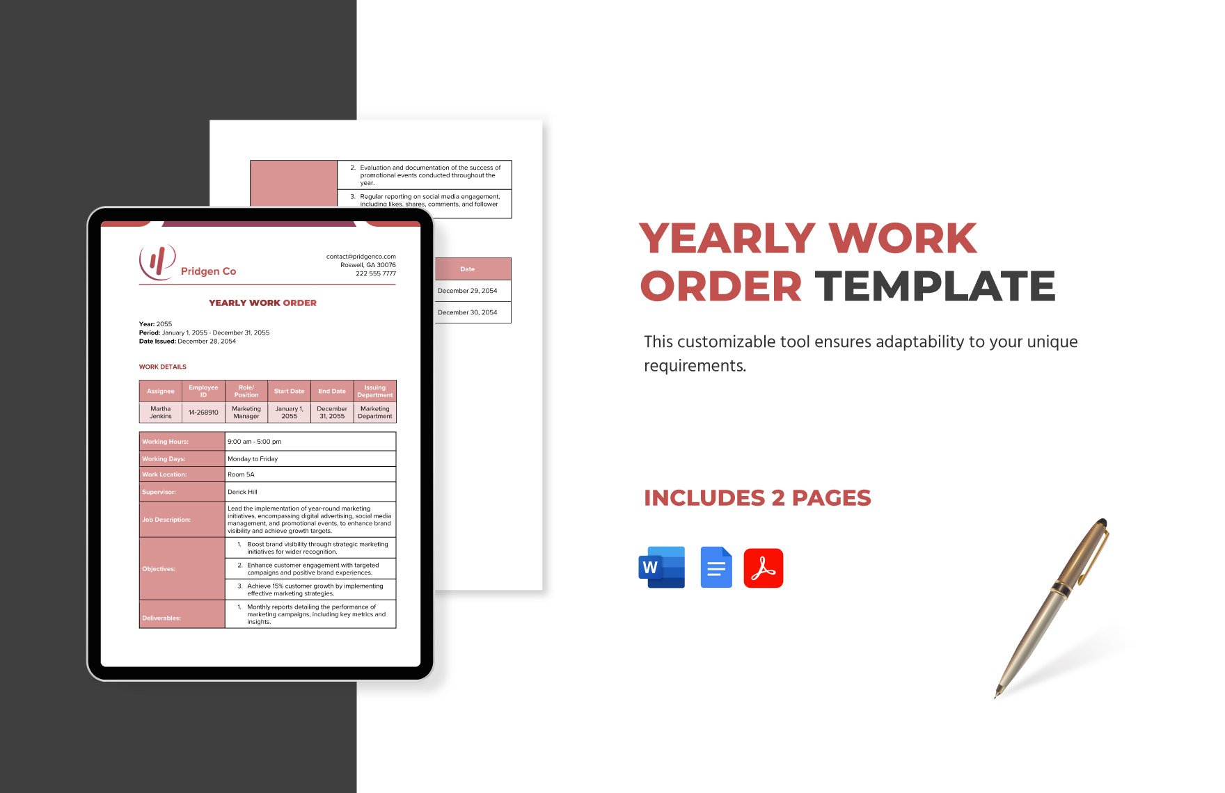 Yearly Work Order Template