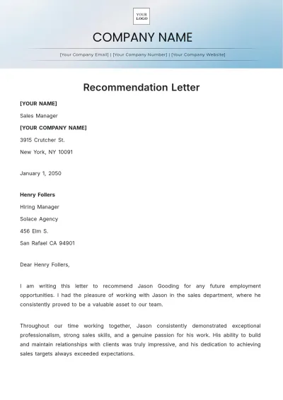 Free Recommendation Letter Example Template to Edit Online