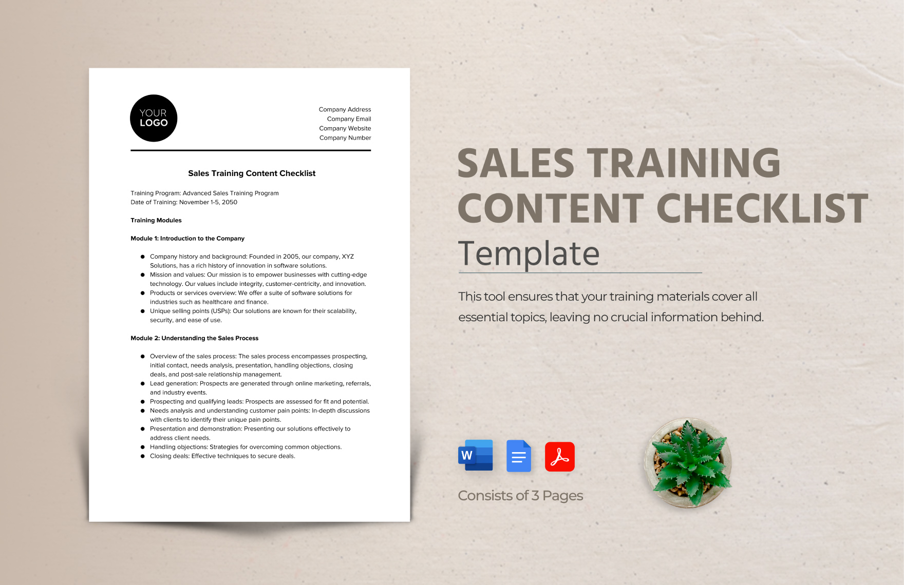 Sales Training Content Checklist Template in Word, Google Docs, PDF