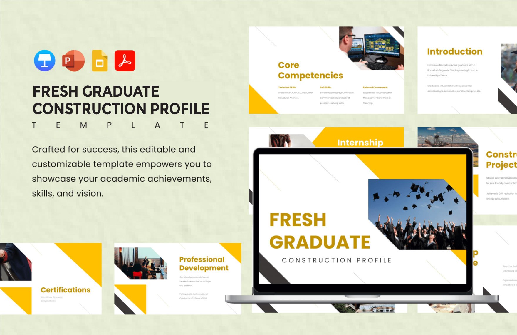 Fresh Graduate Construction Profile Template in PDF, PowerPoint, Google Slides, Apple Keynote