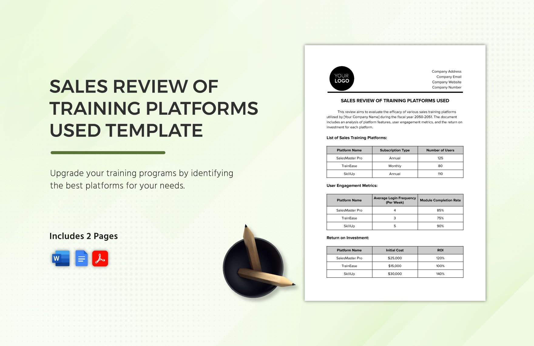 Sales Review of Training Platforms Used Template in Word, Google Docs, PDF