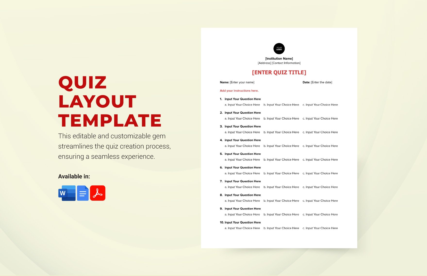 Free Quiz Layout Template in Word, Google Docs, PDF
