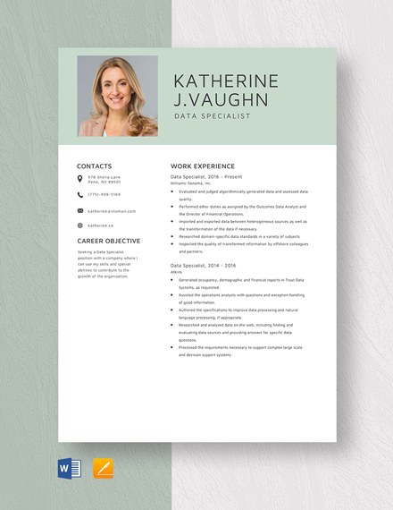 Data Specialist Resume Template Template - Word, Apple Pages