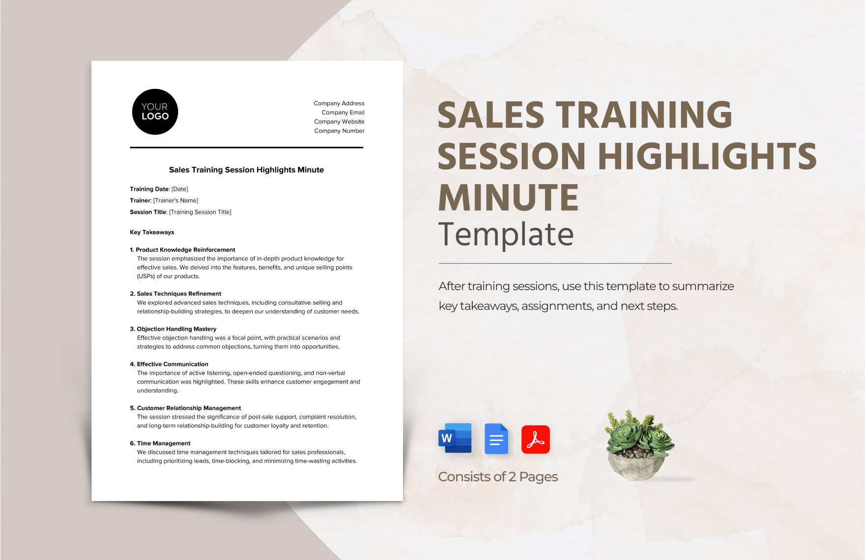 Sales Training Session Highlights Minute Template in Word, Google Docs, PDF