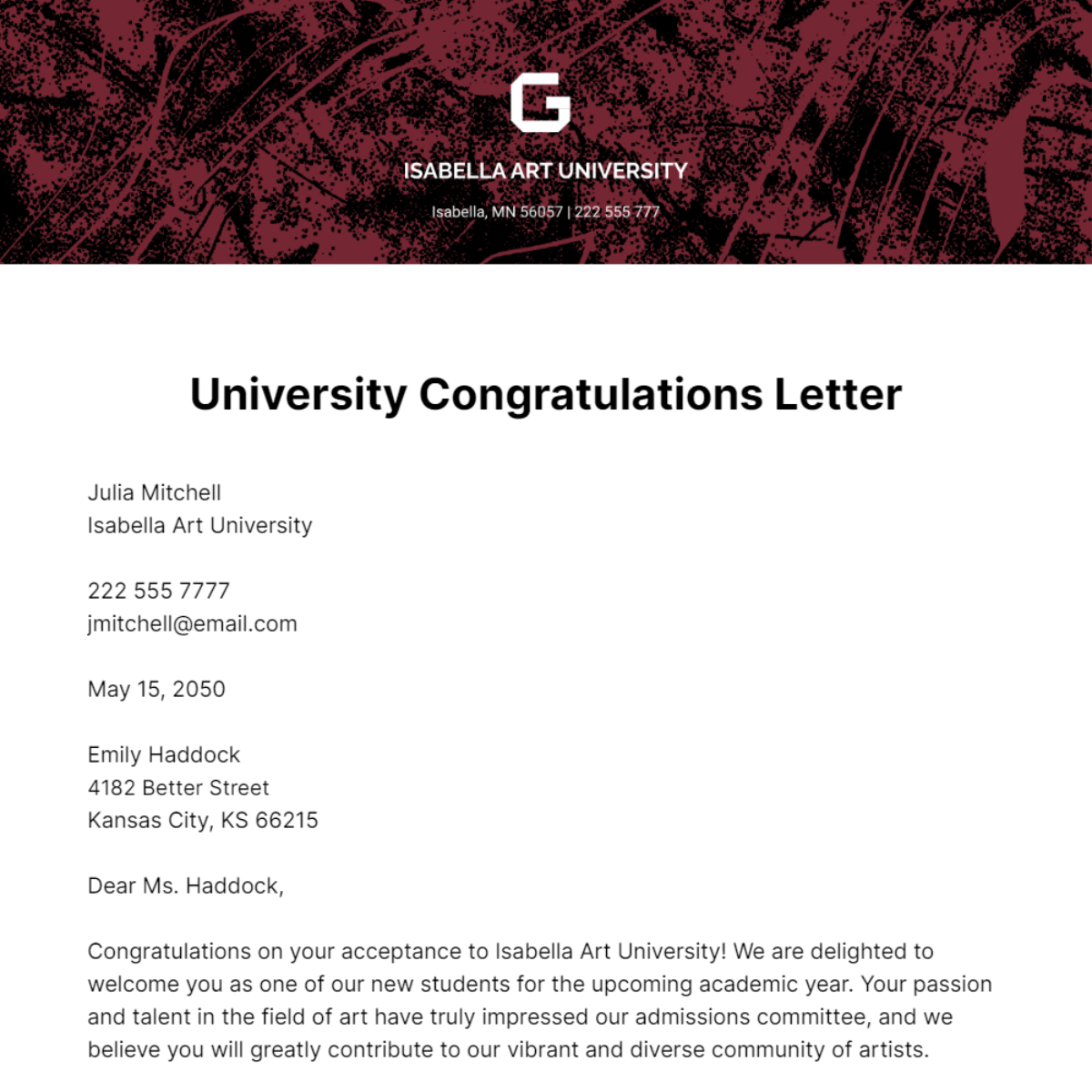 University Congratulations Letter   Template
