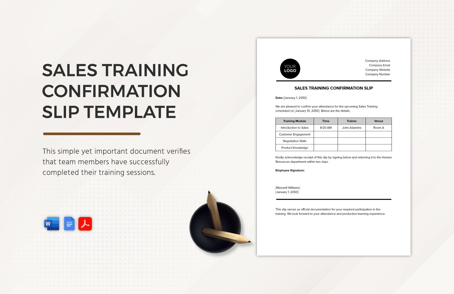 Sales Training Confirmation Slip Template in Word, PDF