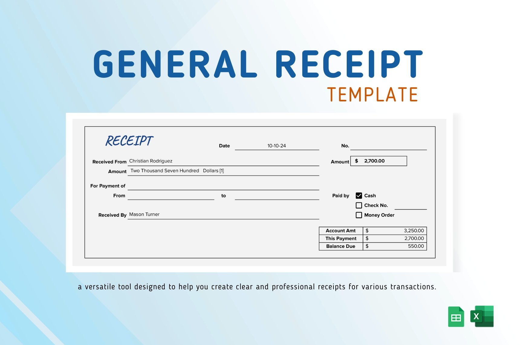 Free General Receipt Template in Excel, Google Sheets