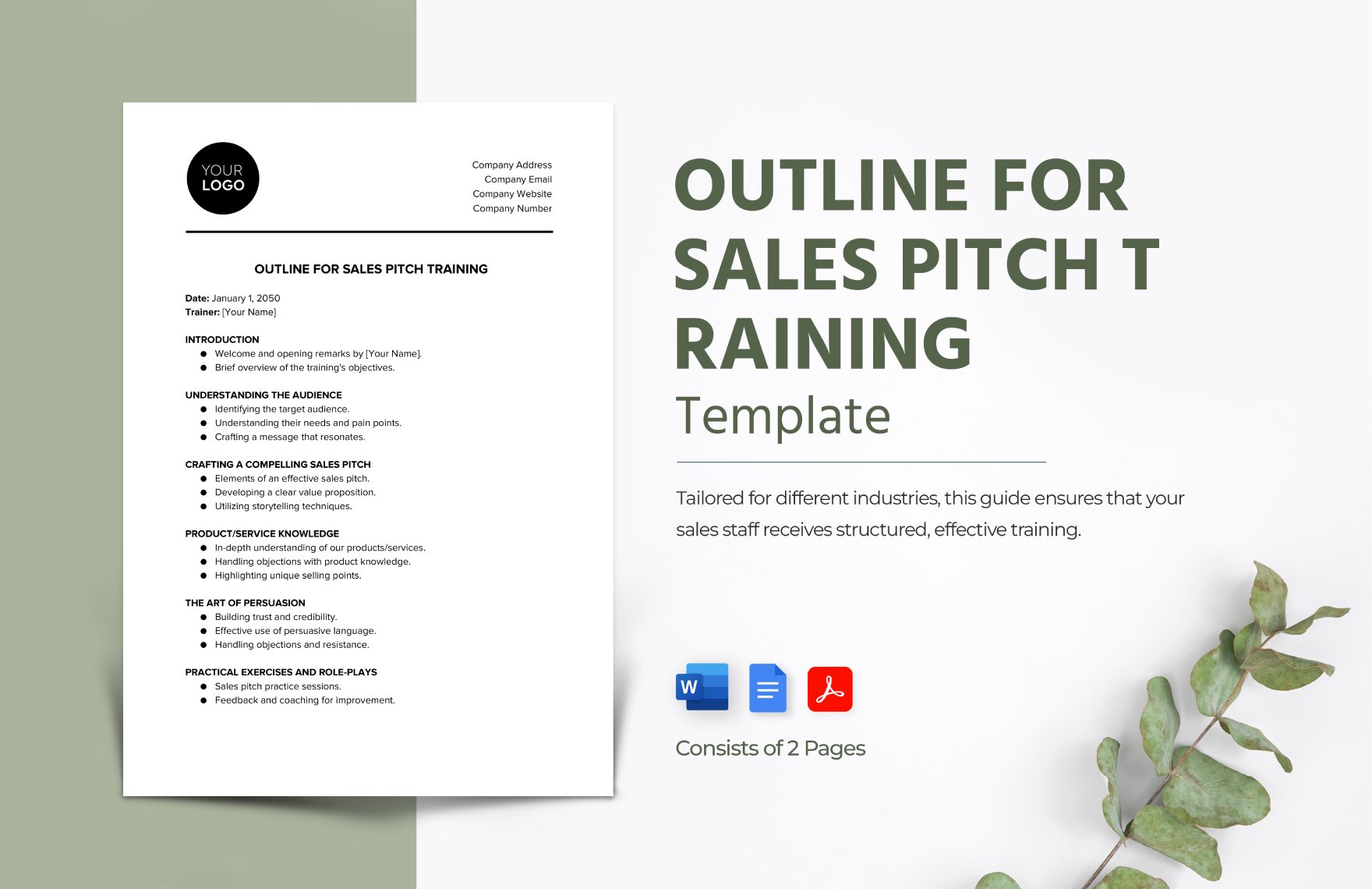 Outline for Sales Pitch Training Template in Word, Google Docs, PDF