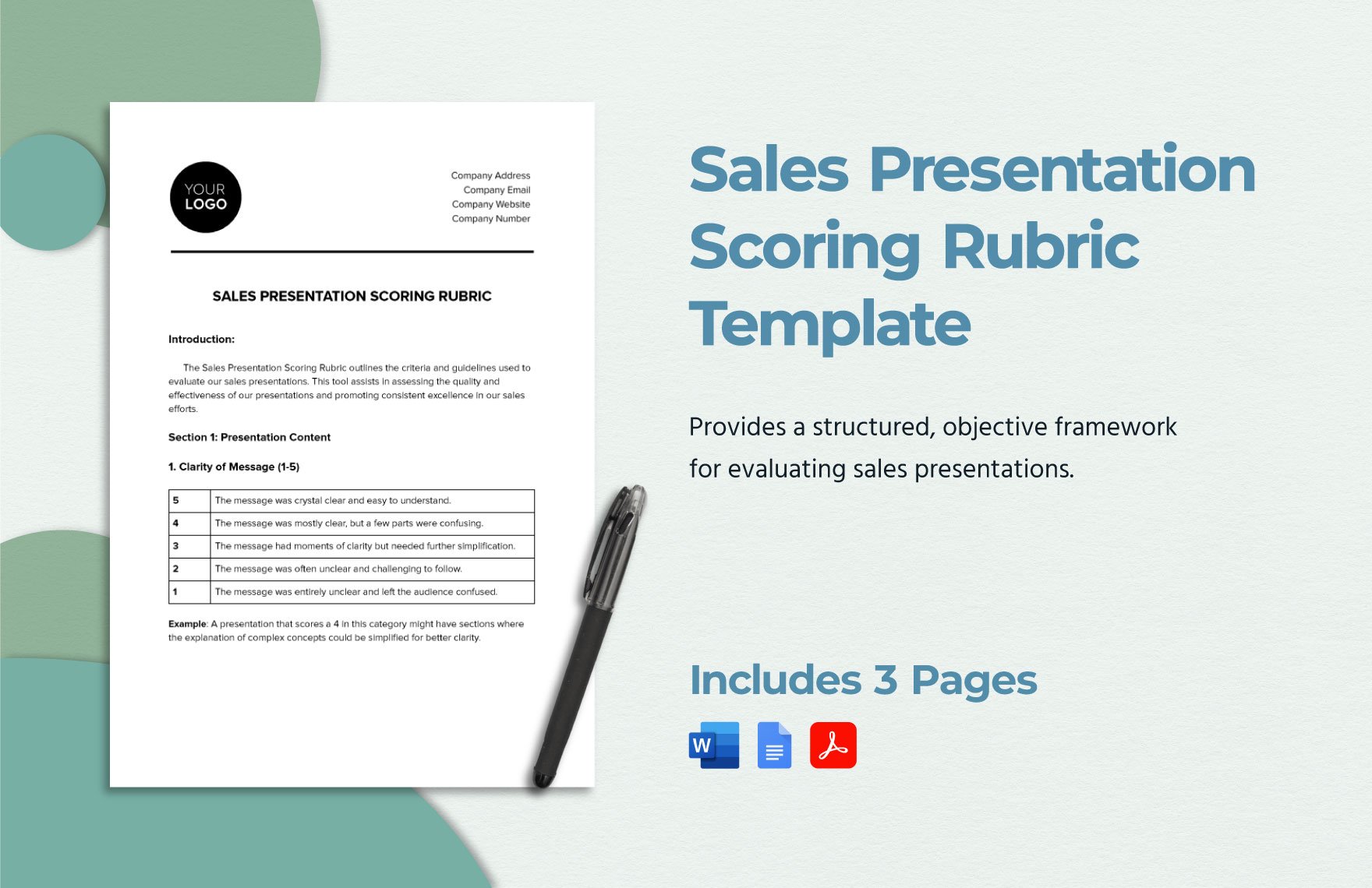 Sales Presentation Scoring Rubric Template in Word, Google Docs, PDF