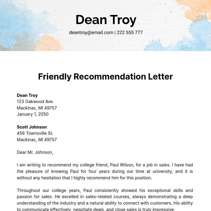 Friendly Recommendation Letter  Template