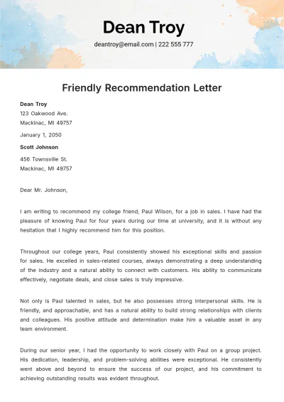 Free Friendly Recommendation Letter  Template to Edit Online