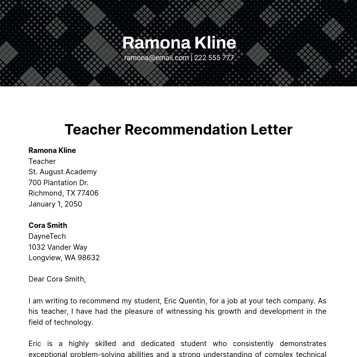 Teacher Recommendation Letter  Template